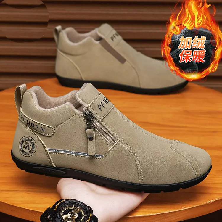 秋冬季加绒男鞋潮流男士防滑工装百搭男鞋拉链一脚蹬软底休闲鞋男