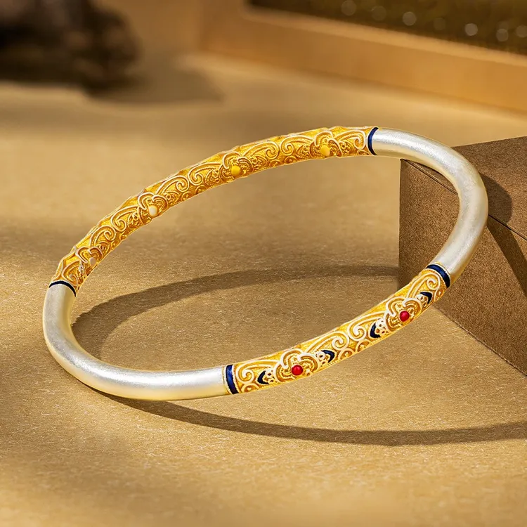 足银珐琅手镯 纯银珐琅彩仿古纹银手镯描金镯子银手环女生日礼物