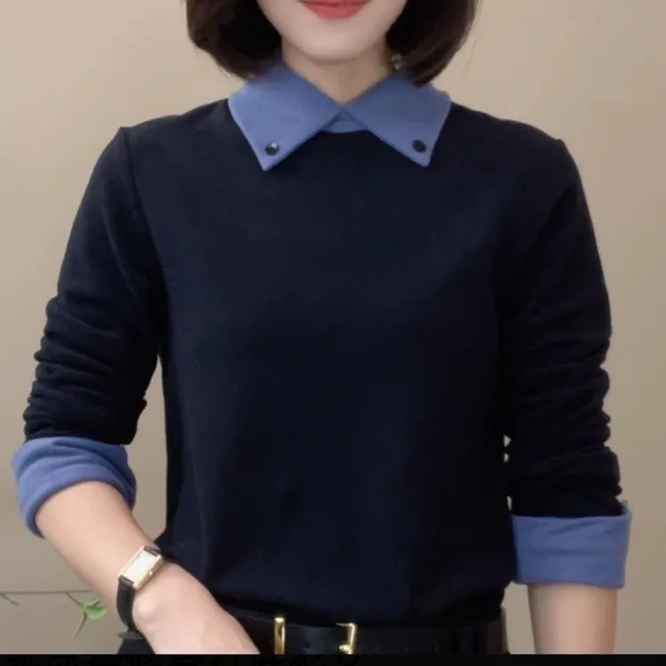 秋冬新款拼色长袖女士气质翻领显瘦修身打底小衫