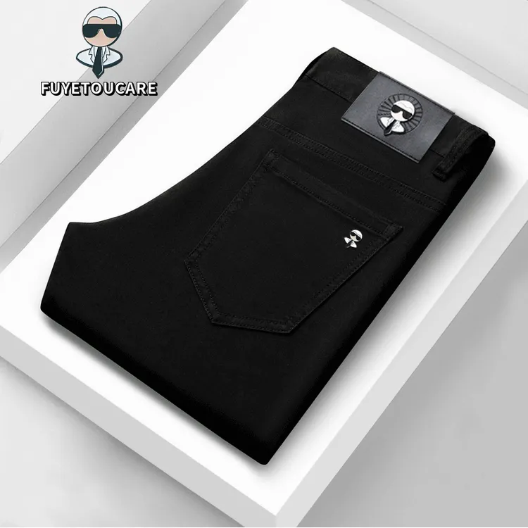 夏季薄款休闲牛仔裤男款弹力修身直筒裤商务男士纯黑不掉色牛仔裤