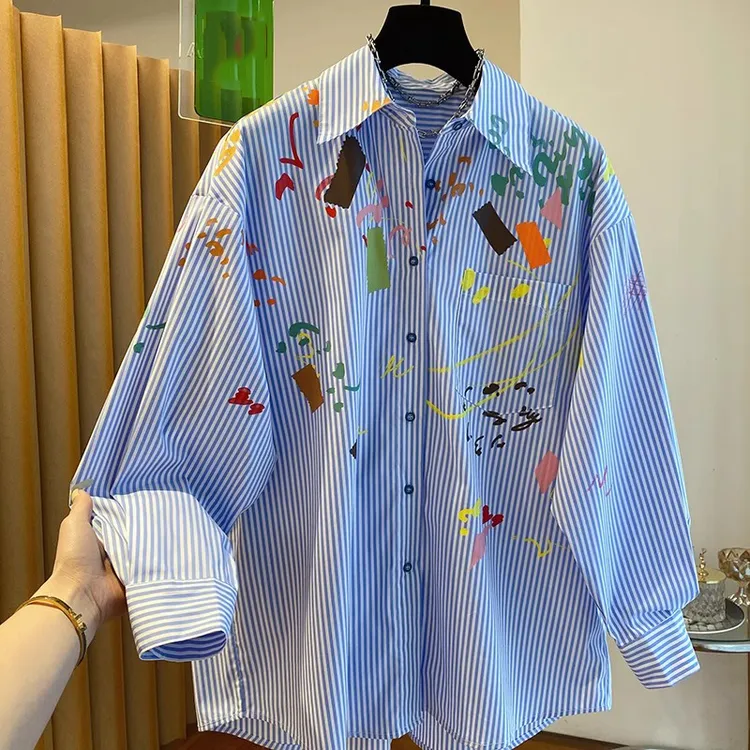 春季涂鸦条纹衬衫趣味卡通印花宽松女装显瘦休闲长袖上衣潮流衬衣