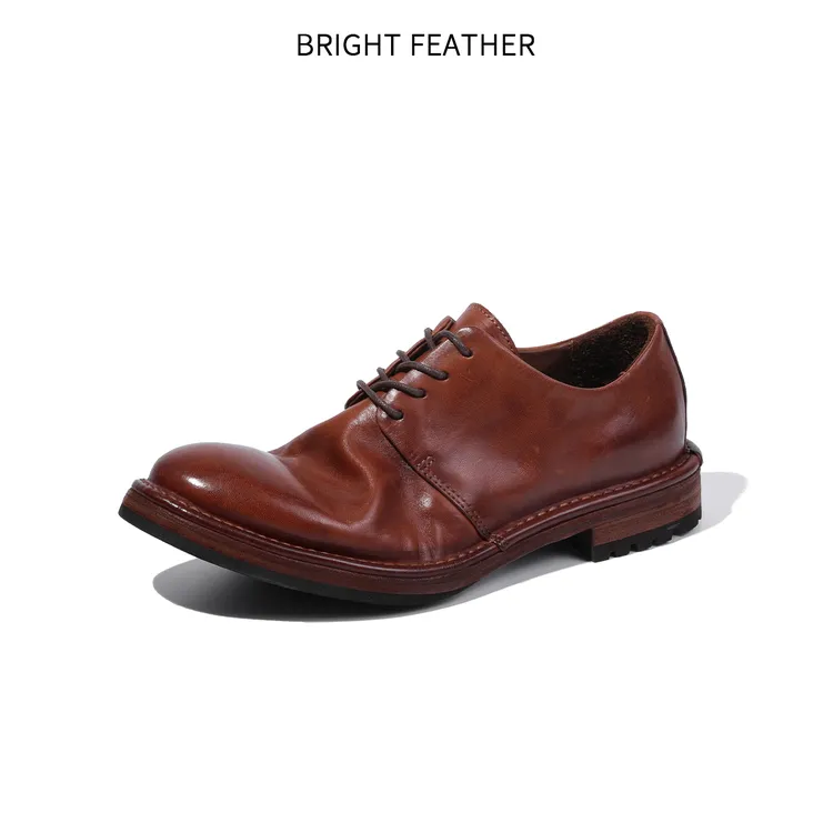 BRIGHT FEATHER新款尖头商务皮鞋软底舒适系带真皮透气正装皮鞋男