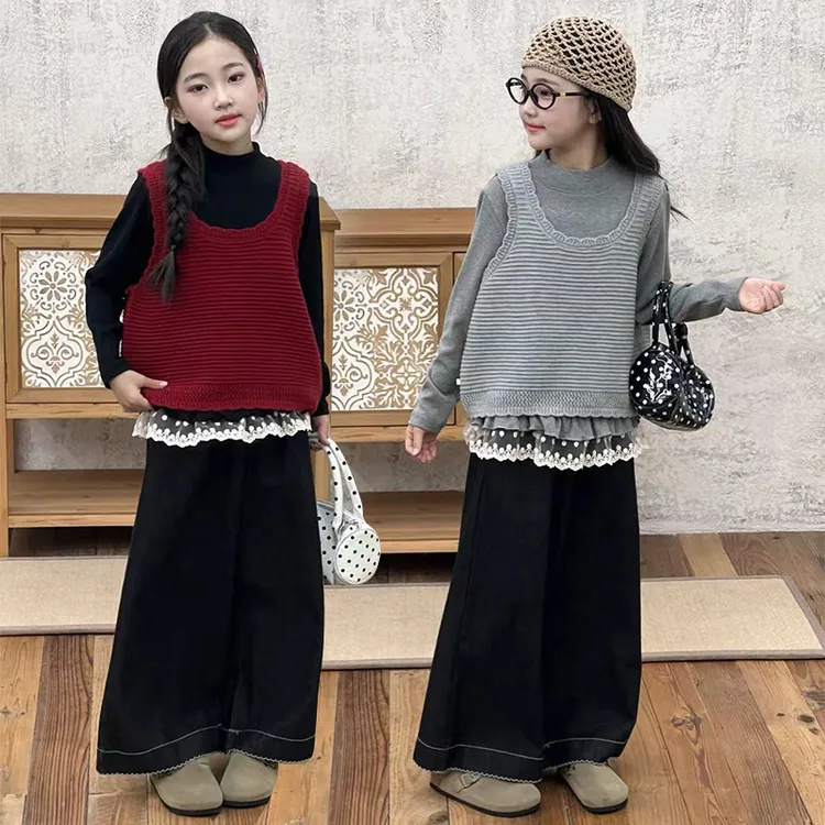 女童套装春秋款2025新款儿童洋气韩系大童休闲宽松毛衣马甲三件套