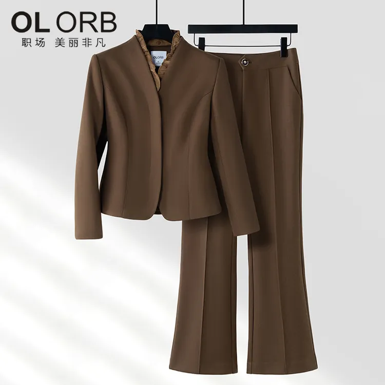 秋冬新款气质荷叶领正装长袖西装套装女职场职业修身西服圆领上衣