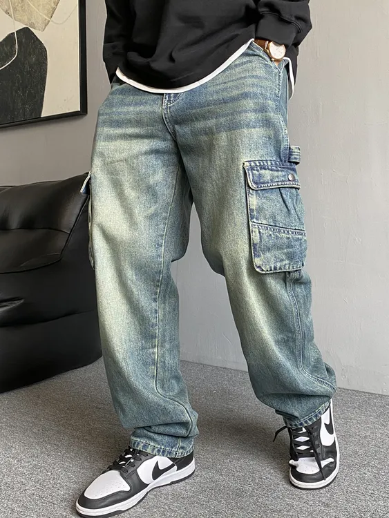 男士工装直筒牛仔裤痞帅复古大口袋男直筒宽松高街阔腿裤子潮秋冬