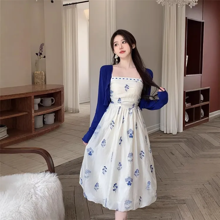 大码胖mm夏季花苞碎花吊带连衣裙收腰长裙薄款开衫两件套潮人物新