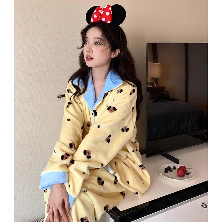 韩国可爱撞色小狗珊瑚绒睡衣女秋冬季加厚保暖可外穿家居服套装