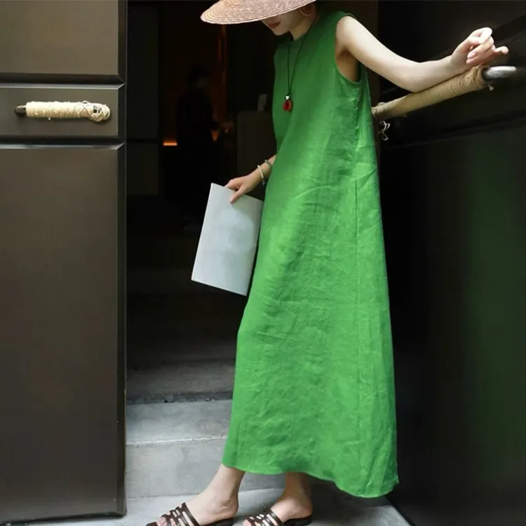 欧洲站极简老钱风松弛感亚麻连衣裙2025初夏气质慵懒风巨显瘦长裙