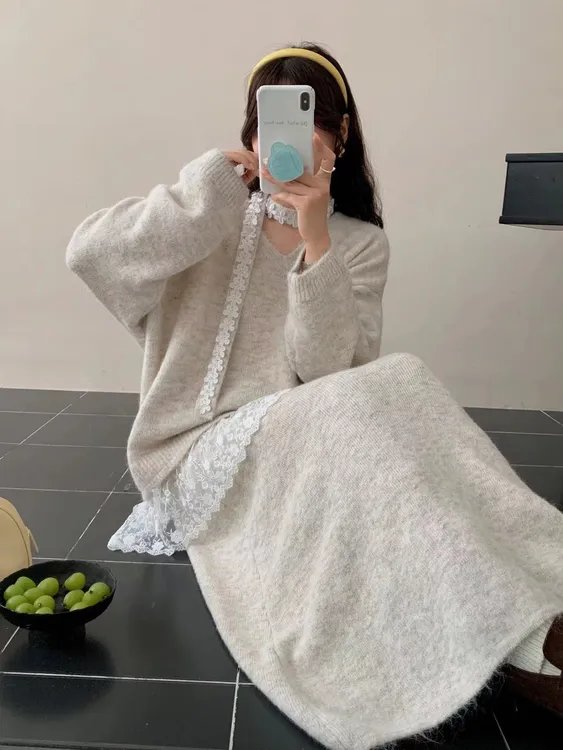 休闲风INS风慵懒风时尚套装秋冬开衫显瘦套头韩版蕾丝下摆系带套