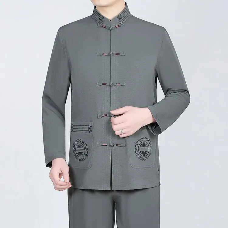 春夏秋季中老年男士男装长袖冰丝爸爸衣服爷爷太极服休闲上衣套装商品图