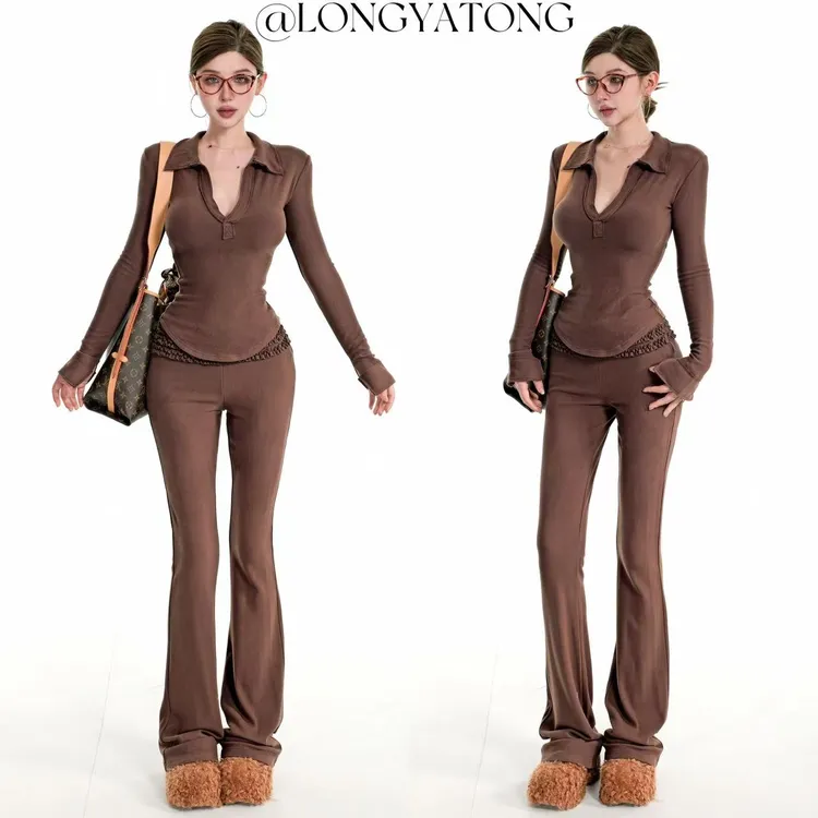 龙牙童推荐【穿搭教科书】气质时尚显瘦长袖长裤套装修身弹力秋冬