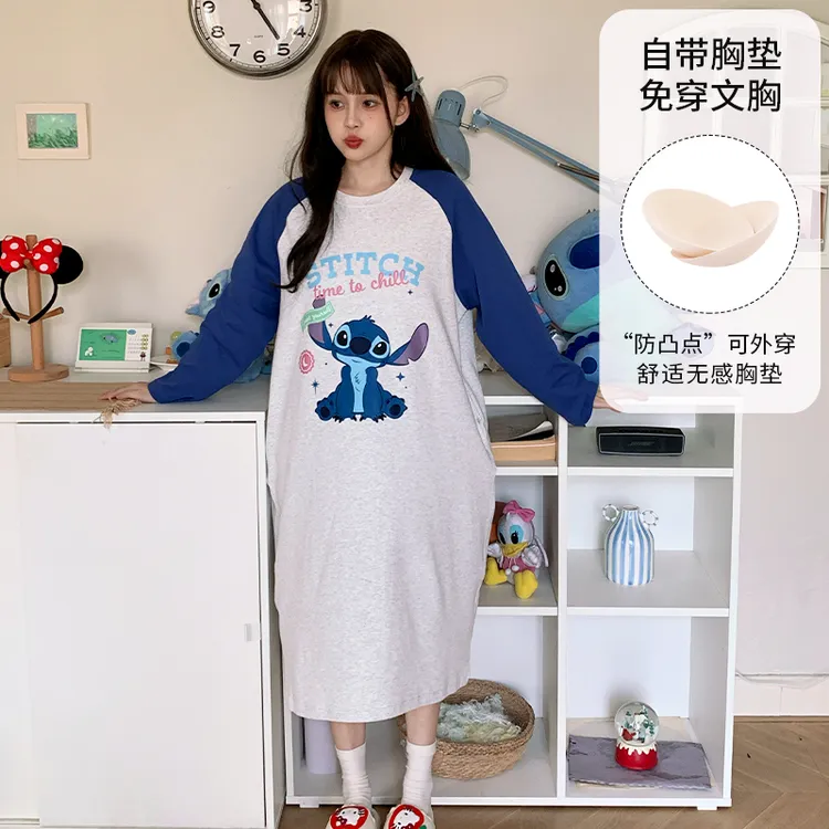 Disney/迪士尼秋季圆领纯棉卡通长袖睡裙印花带胸垫家居服0155