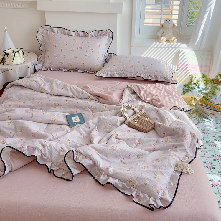 ht2 少女心ins韩式云感皱皱双层纱花边款夏凉被可机洗空调被子