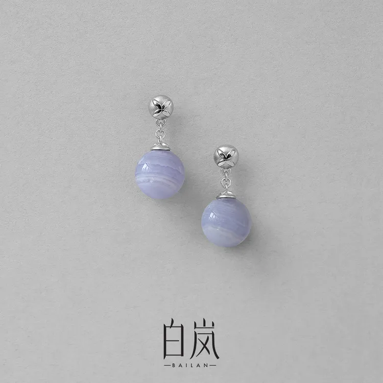 【7月上新】白岚花砖蓝纹玛瑙耳钉耳环耳饰女高级蓝色饰品ED4659