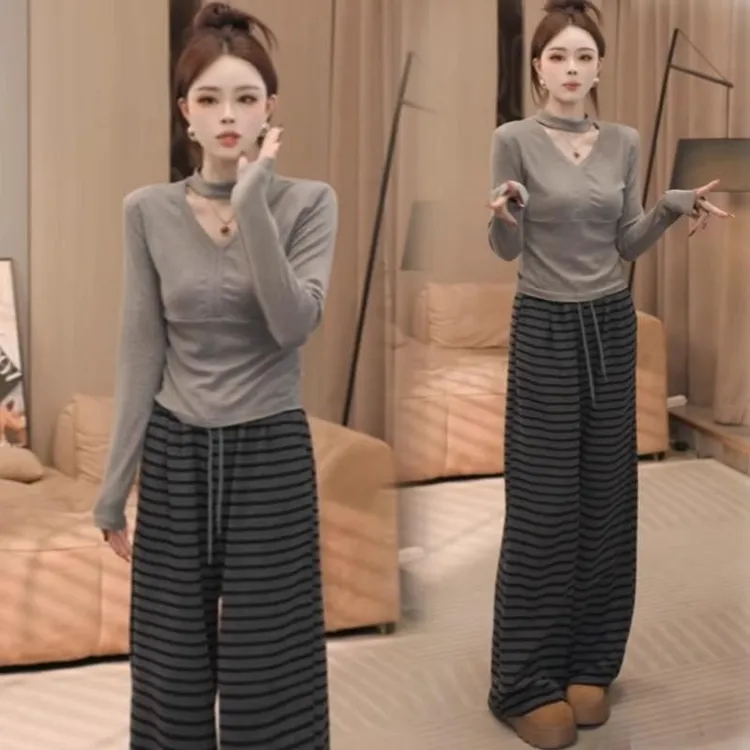 时尚气质休闲套装女春秋新款洋气挂脖V领t恤条纹阔腿裤百搭两件套