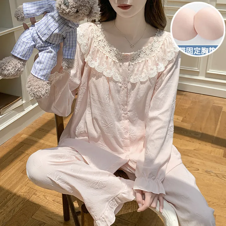 2025新款睡衣女春秋季甜美公主风带胸垫一体云朵棉长袖家居服套装