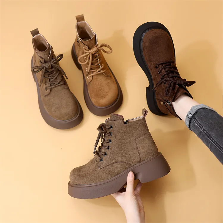 复古低帮英伦风马丁靴女2025秋冬季新款系带圆头绒面厚底百搭短靴