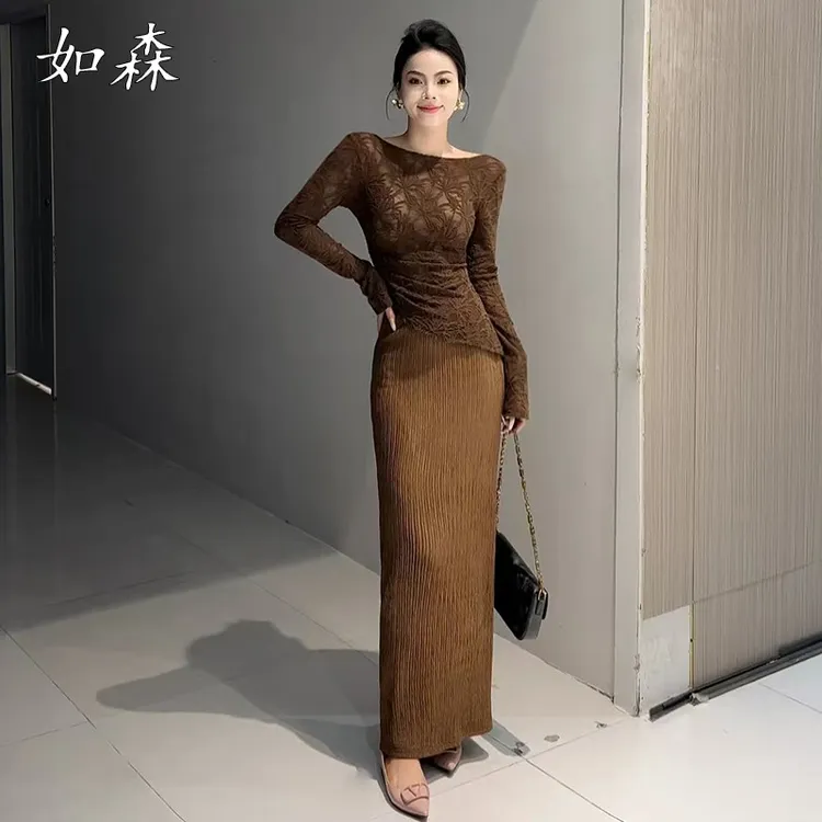 时尚优雅圆领蕾丝长袖上衣气质百搭松紧腰后开叉半身裙两件套套装