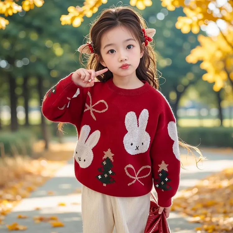 女童毛衣秋冬款儿童圣诞节针织打底衫2024新款女宝宝拜年服新年装