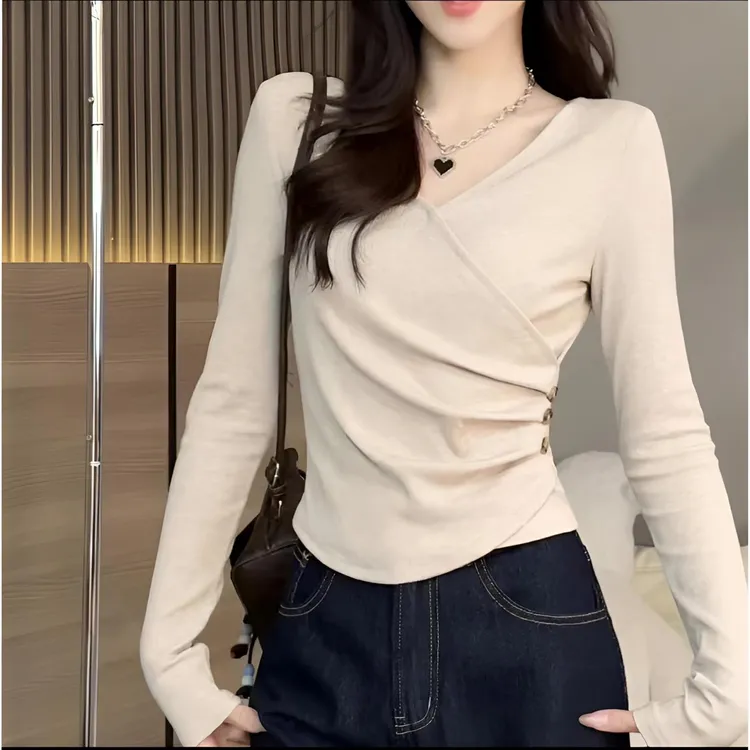 2025早秋季新款新款设计感修身百搭显瘦打底衫长袖交叉不规则上衣