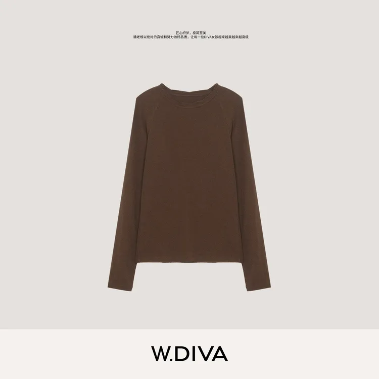 W.Diva【黑咖上衣】羊绒醋酸长袖衫圆领天丝T恤松弛慵懒风53T022793