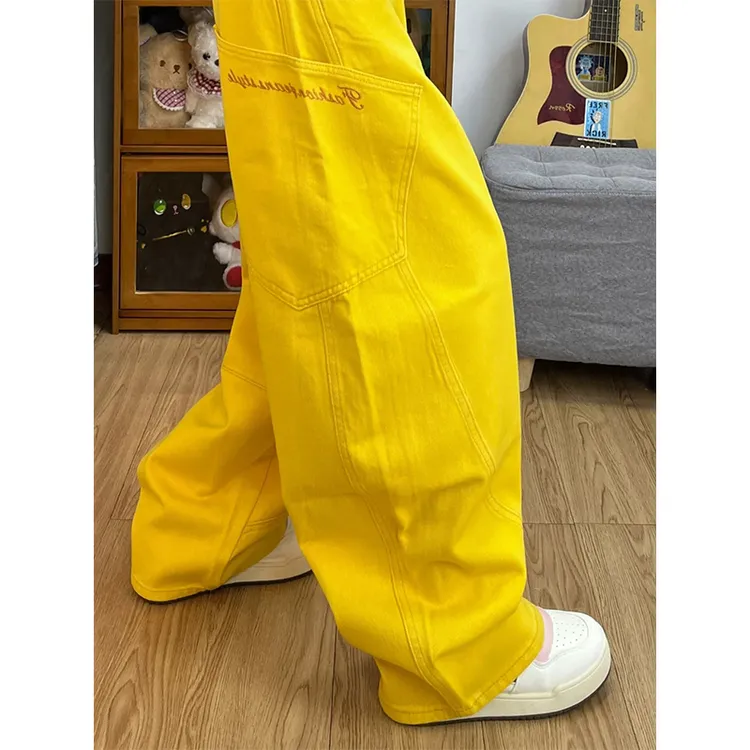 活力黄弯刀刺绣牛仔裤女2025秋季新款美式复古拼接时尚百搭阔腿裤