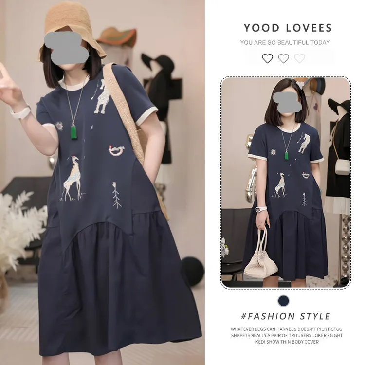 欧洲站2026夏季新款韩版显瘦圆领连衣裙女洋气休闲减龄短袖中裙潮