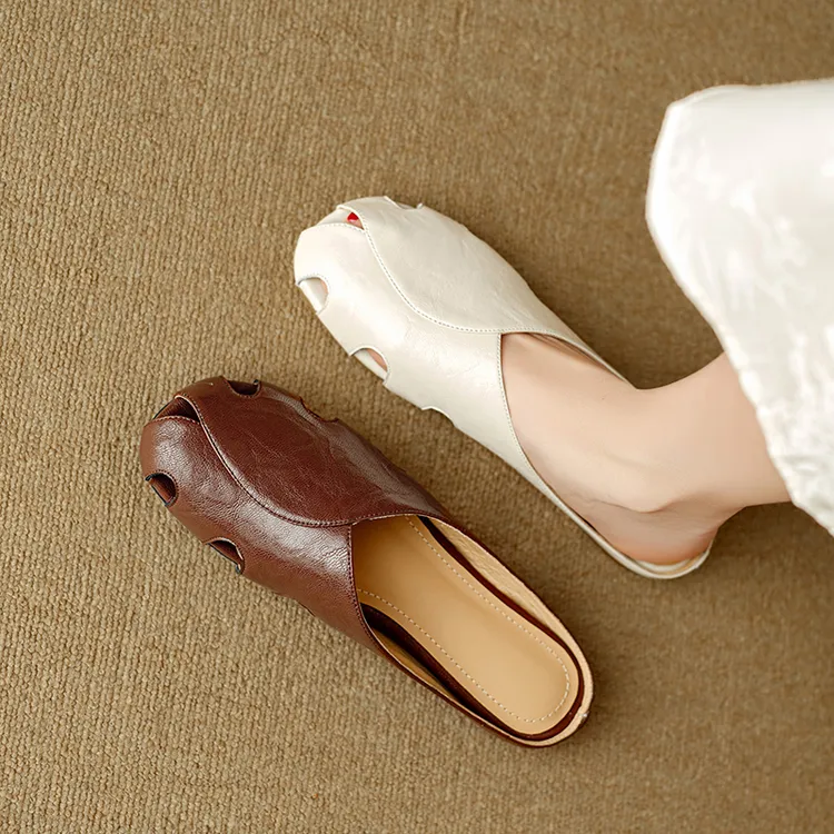 羊皮版真皮法式复古包头半拖鞋女夏外穿软底平底舒适时尚懒人凉拖