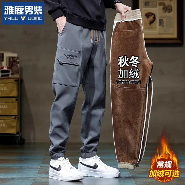 雅鹿男装加绒休闲裤男秋冬季新款潮牌百搭工装运动宽松束脚裤子男