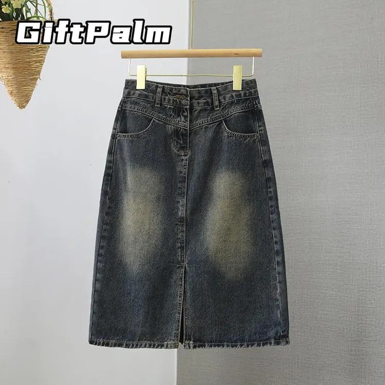 GiftPalm水泥灰牛仔半身裙女2025新款夏季高腰a字复古开叉直筒裙