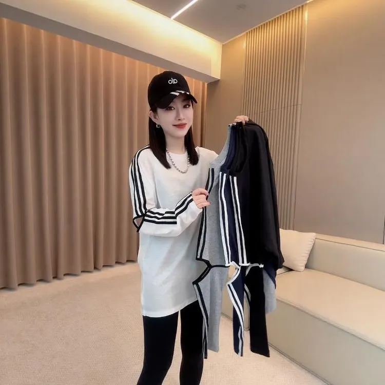 欧货撞色条纹防晒长袖T恤女春秋2025新款镂空罩衫轻薄上衣拼接