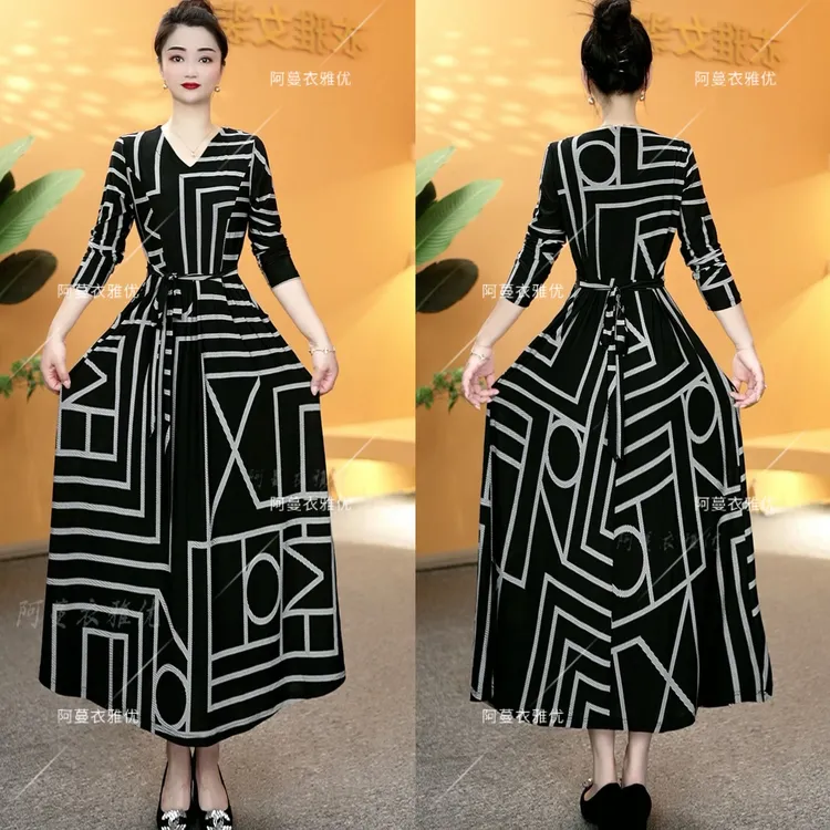 【衣雅严选】8124-1668#新款修身简约款面长袖气质系带连衣裙