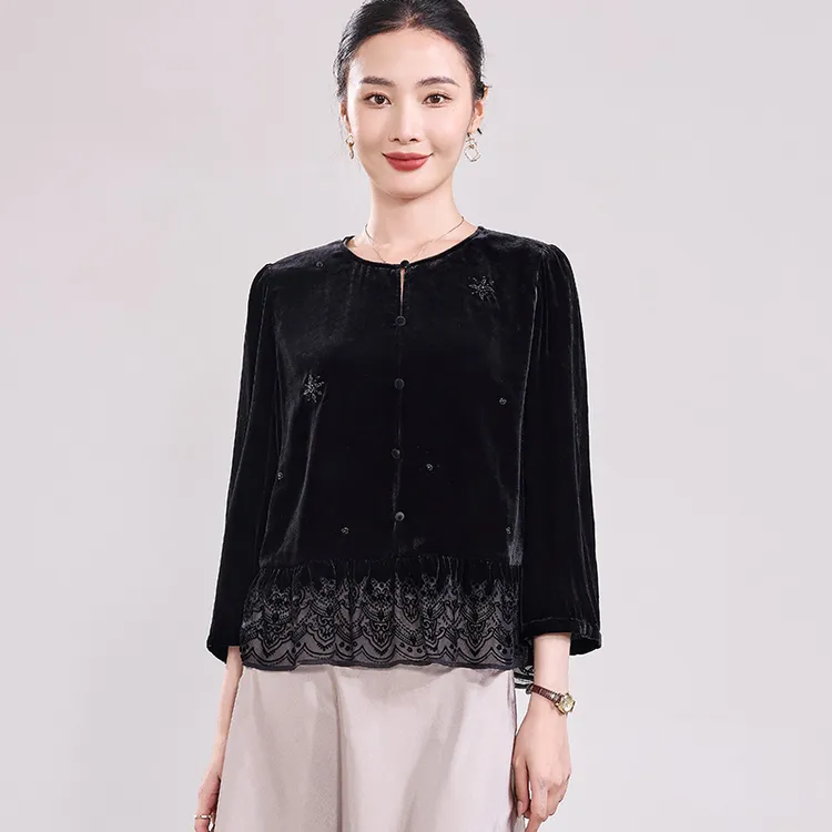 复古轻奢真丝丝绒上衣女秋季新款高级百搭通勤圆领桑蚕丝套头小衫