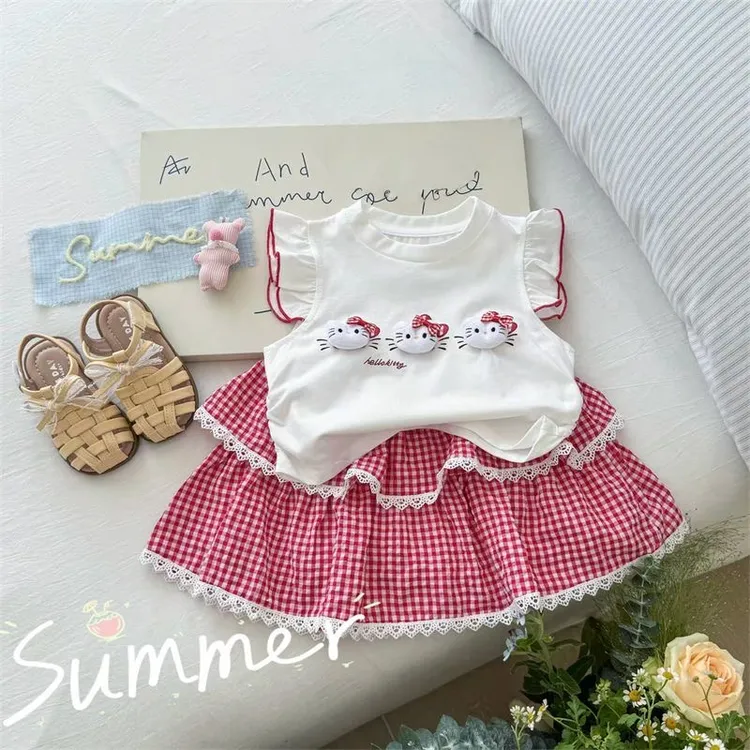 女格子夏季休闲风格子 卡通套装裙子韩版公主裙山系