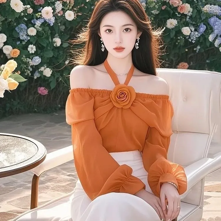 法式露肩挂脖立体花朵雪纺衬衫女装春季独特漂亮高级感一字肩上衣