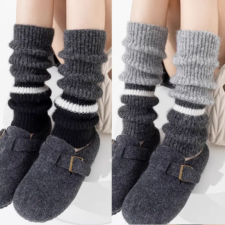 新款袜套女拼色羊毛堆堆袜套撞色针织美拉德加厚保暖美式长筒袜