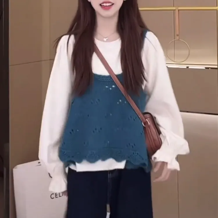 欧若风减龄套装女2025春秋新款喇叭袖长袖衬衫针织吊带马甲两件套
