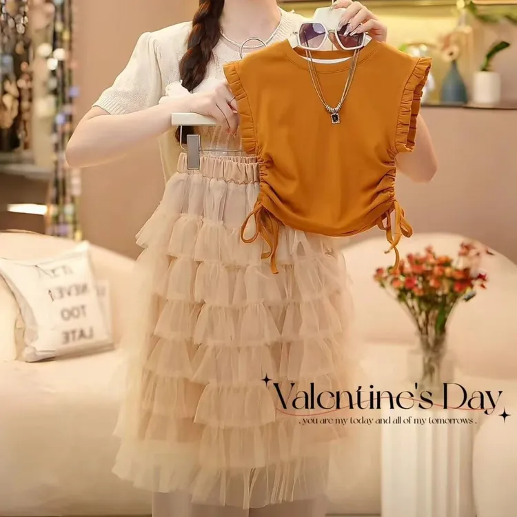 女童套装夏季纱裙洋气时髦2025新款女孩纯色韩版时尚公主裙两件套