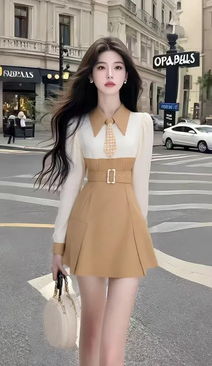 温柔千金风撞色拼接设计感修身长袖收腰系带连衣裙女时尚气质女装