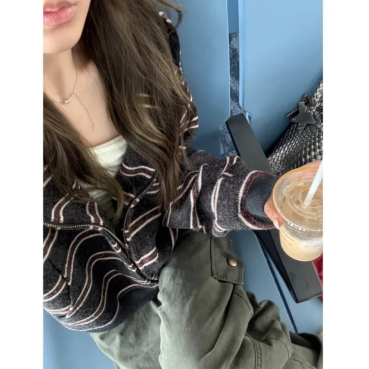 美式复古条纹连帽卫衣外套女秋冬新款宽松休闲慵懒设计感上衣女