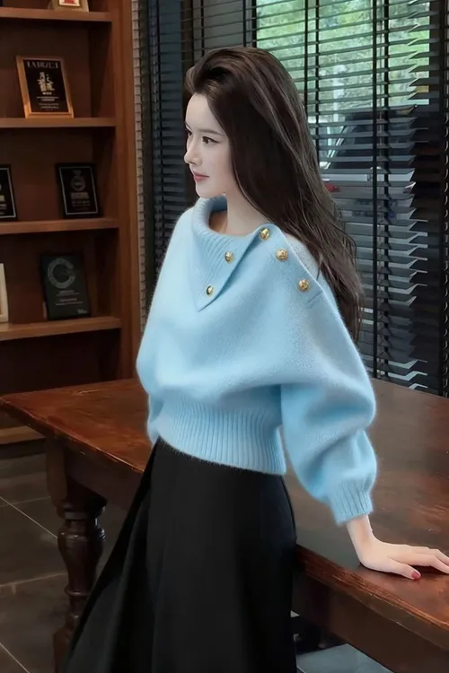 美拉德蓝色轻熟风翻领毛衣女秋冬高级感慵懒老钱风针织衫内搭上衣