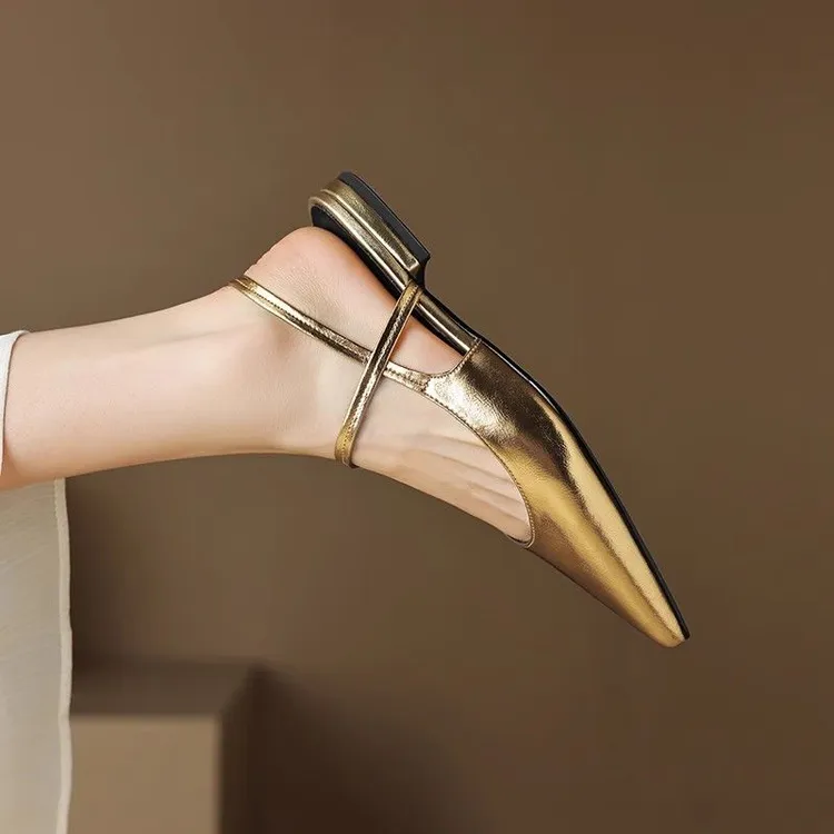 黑夫人平底尖头后空凉鞋女2025夏季新款金色银色低跟包头百搭单鞋