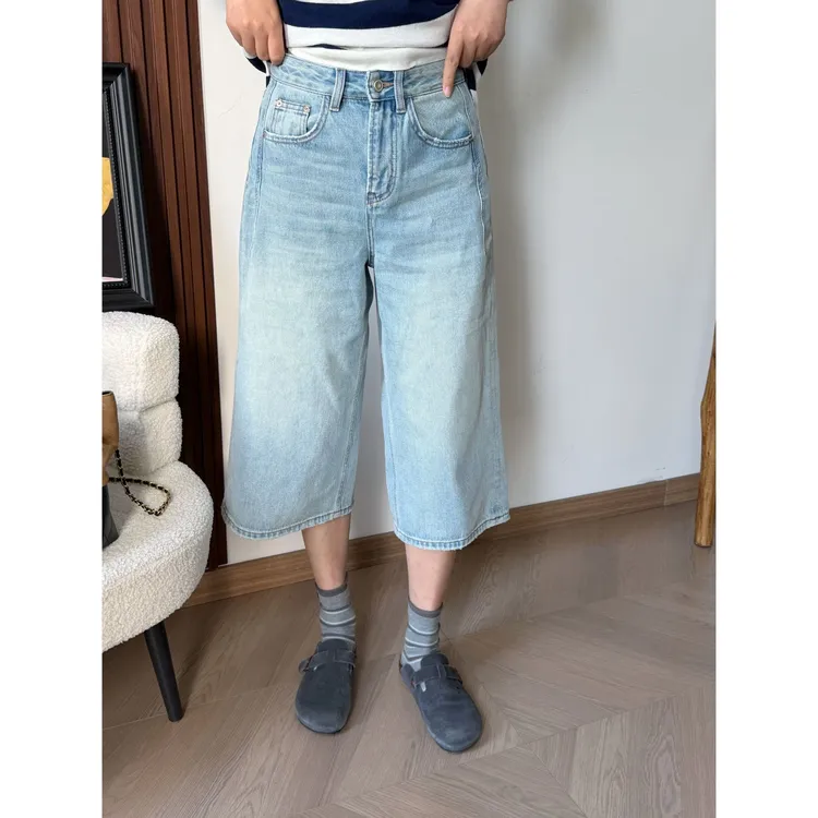 NANA夏季100%棉水洗做旧休闲牛仔七分裤女时尚百搭C0893