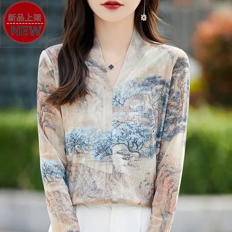 哥弟阿玛施正品时尚性感V领中国风水墨画T恤薄款气质百搭休闲上衣