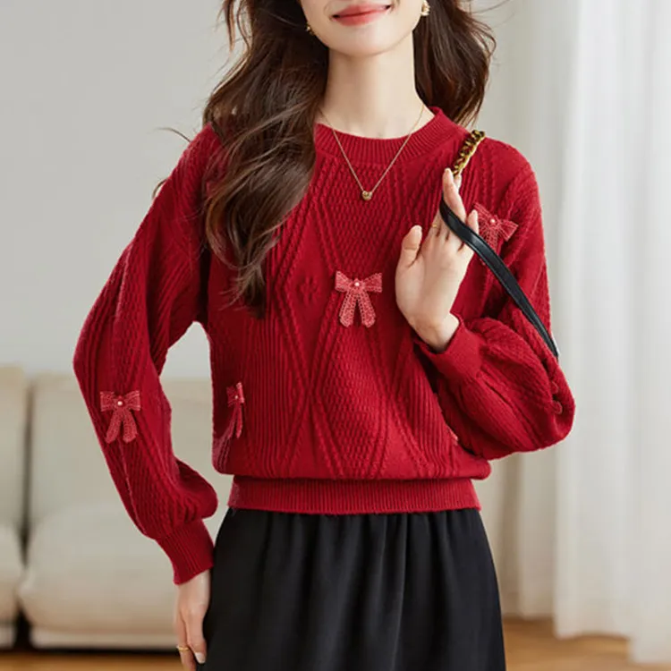 KALUOLAI/卡洛莱秋冬新款设计感针织衫毛衣圆领蝴蝶结加厚上衣女