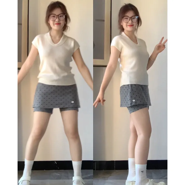 灰色短裙女高腰大码夏季胖mm遮肚显瘦波点裙裤a字瑜伽包臀半身裙