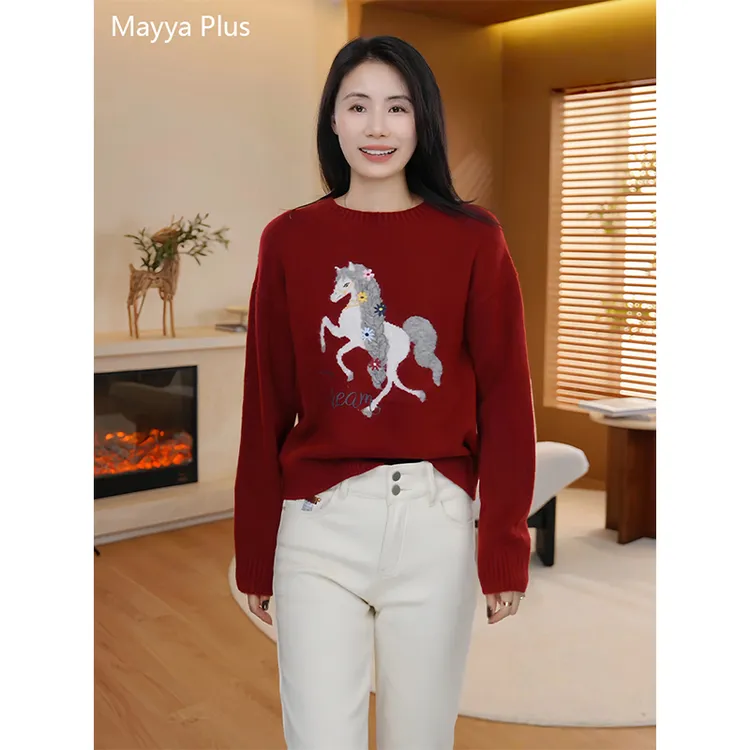 撞色小马刺绣圆领针织衫女秋冬新款落肩袖宽松显瘦软糯百搭上衣潮