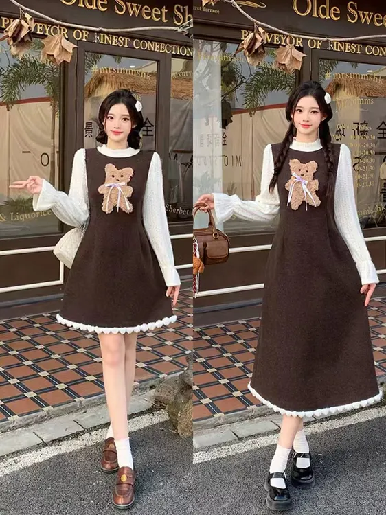2025冬装新款胖mm大码女韩系甜美假两件卡通小熊长短款连衣裙