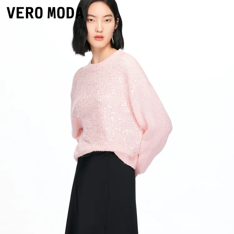 Vero Moda毛衣【初见丁香】新款圆领亮片撞色针织宽松短款326113027