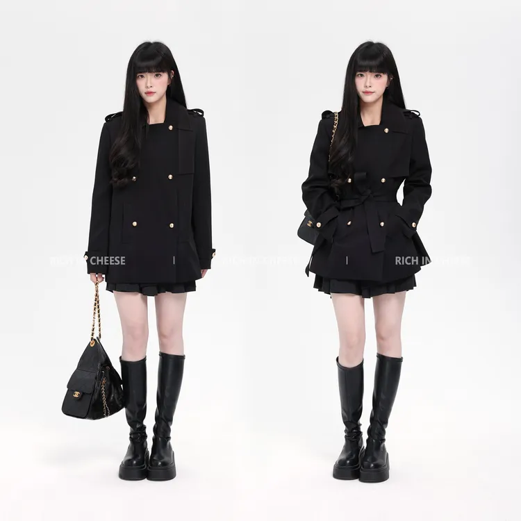 RICHINCHEESE 京都贵女 法式千金风翻领双排扣设计气质风衣外套
